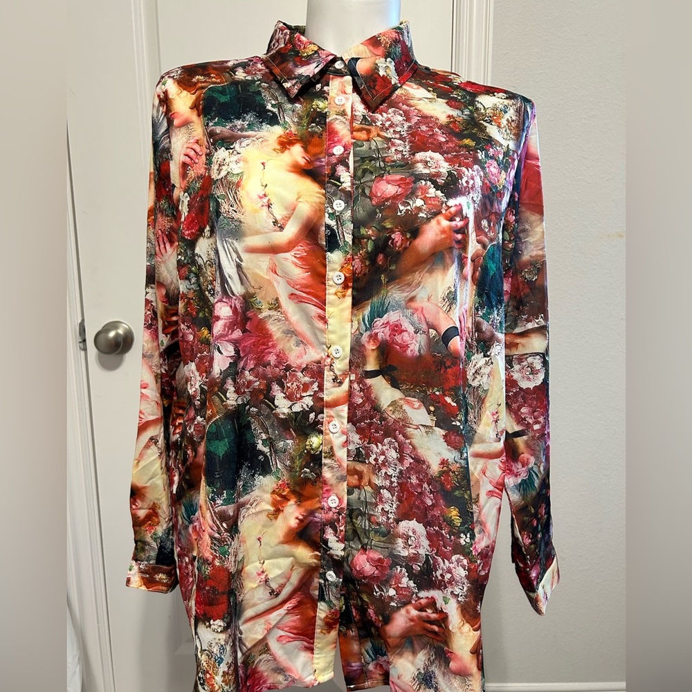 Pretty Little Thing floral button down oversized with angels size 12